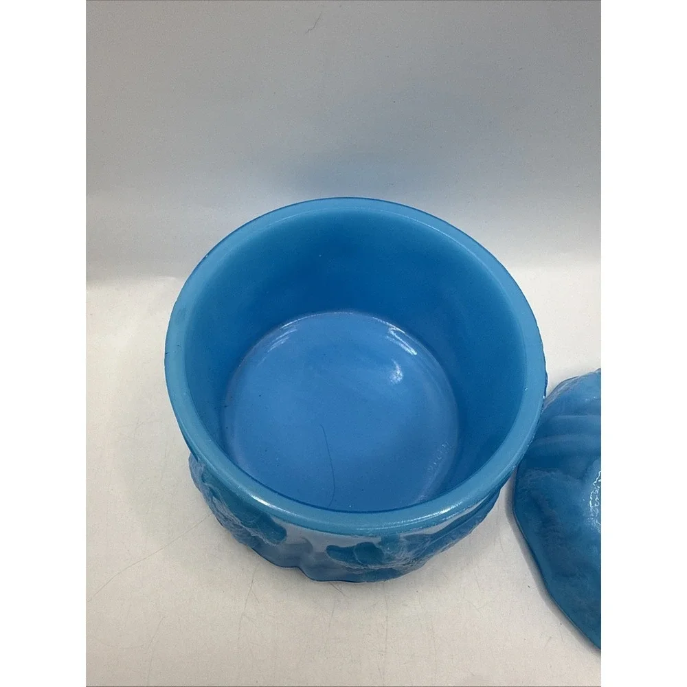 Vtg Akro Agate SCOTTISH TERRIER Trinket Box Luscious Blue Slag Glass EUC